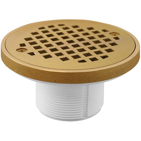 Jones Stephens 2in. PVC IPS Plastic Spud with 4in. Polished Brass Round Strainer with Ring D50984